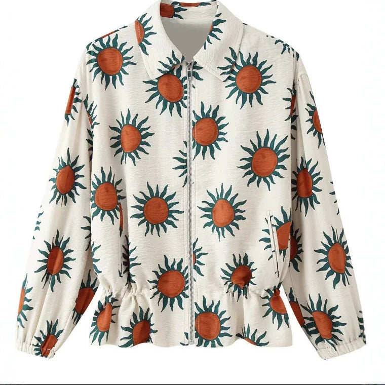 Women's Printed Bomber Jacket with Zipper, Shirt Collar and Waist Drawstring Mune Fashion