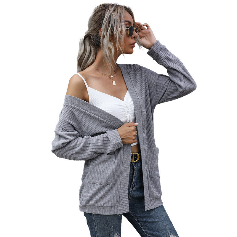 Women Loose Fine Knit Cardigan with Ribbed Textured Knit and Patch Pockets Mune Fashion