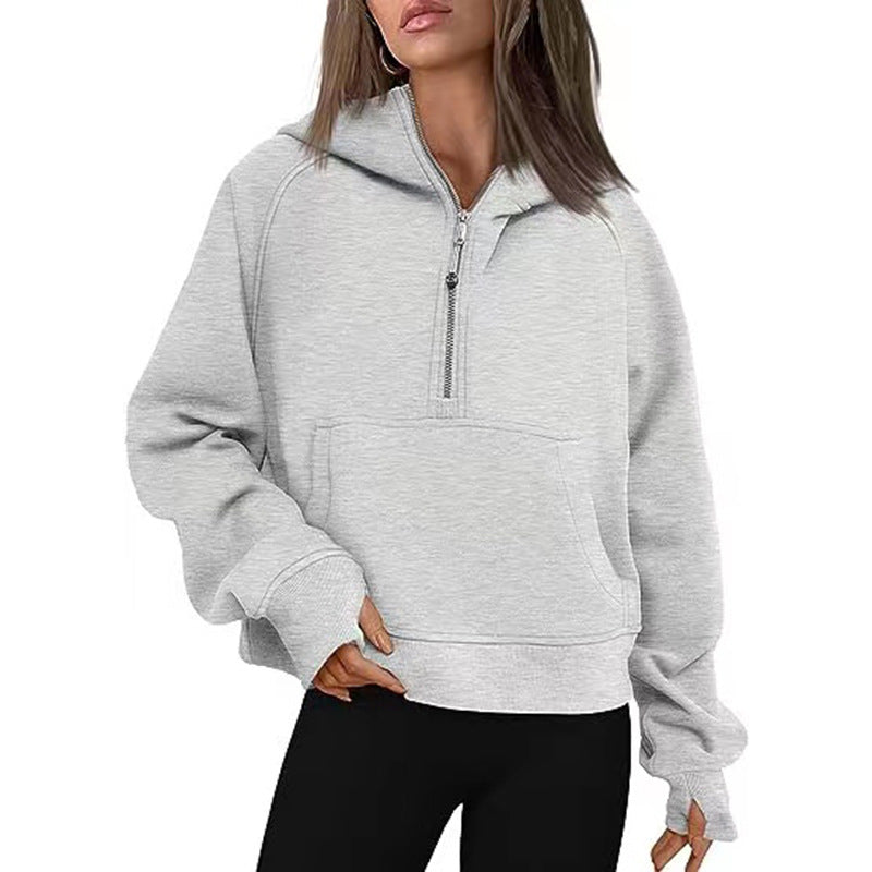 Women Oversize Half-Zip Hoodie with Kangaroo Pocket & Thumb Hole Mune Fashion