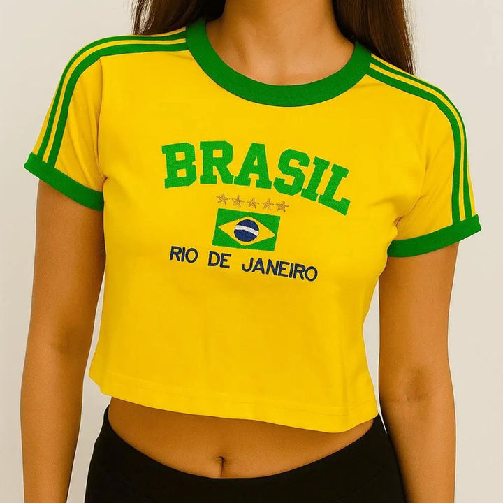 Women's short cotton crop shirt with round neck and Brazil print Mune Fashion