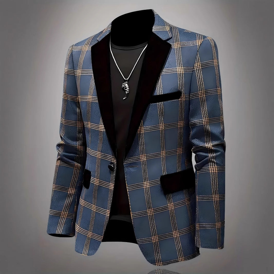 Men's Checked Dinner Jacket with Shawl Collar and Velvet Trim Mune Fashion
