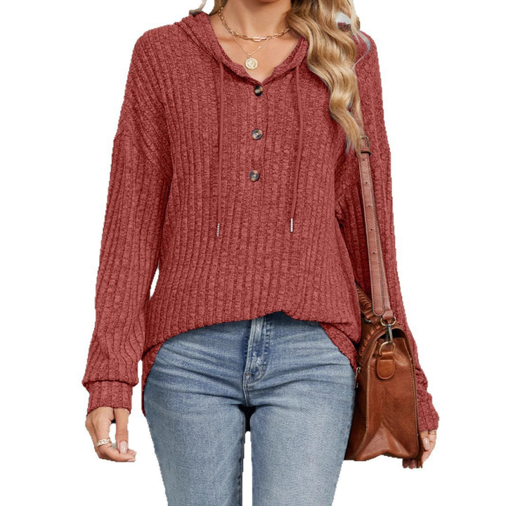 Women's Ribbed Hoodie with Half Button Placket and Drawstring Mune Fashion