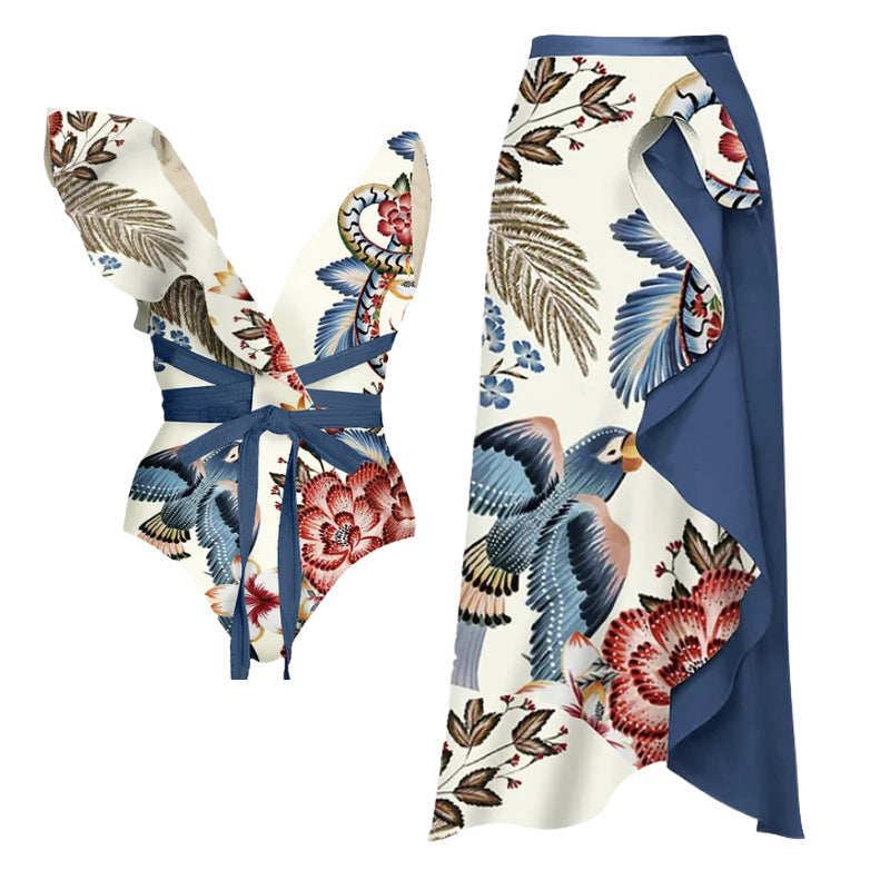 Women's swimsuit set with floral ruffles and tailored shorts Mune Fashion