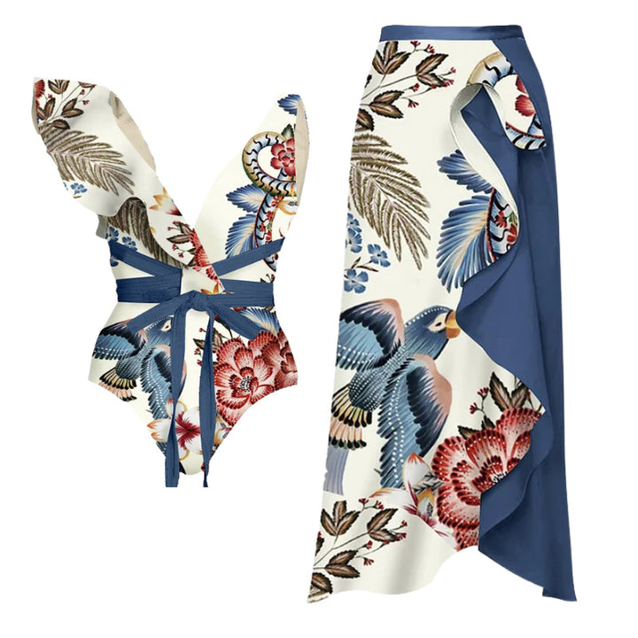 Women's swimsuit set with floral ruffles and tailored shorts Mune Fashion
