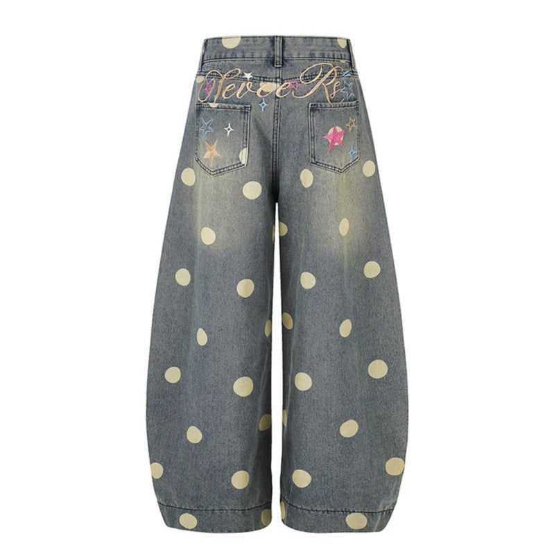 Women's Wide Jeans Culottes in Palazzo Style with High Waist and Polka Dot Pattern Mune Fashion