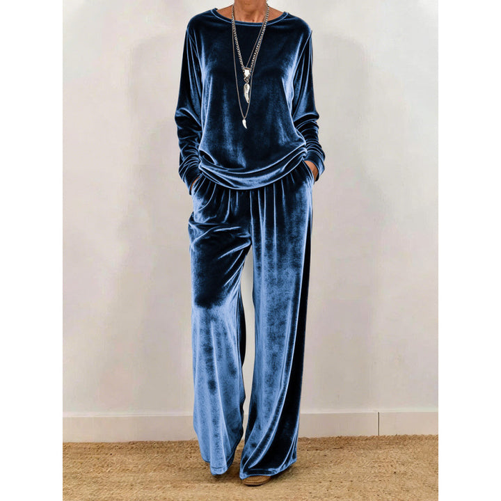Women Velvet Loungewear Set with Wide Leg, Elastic Waistband and Round Neckline Mune Fashion