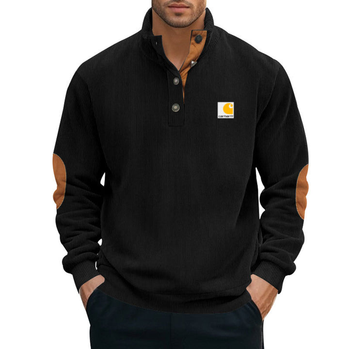 Men's knitted pullover in Troyer style with stand-up collar leather trim snap button placket and elbow patches Mune Fashion