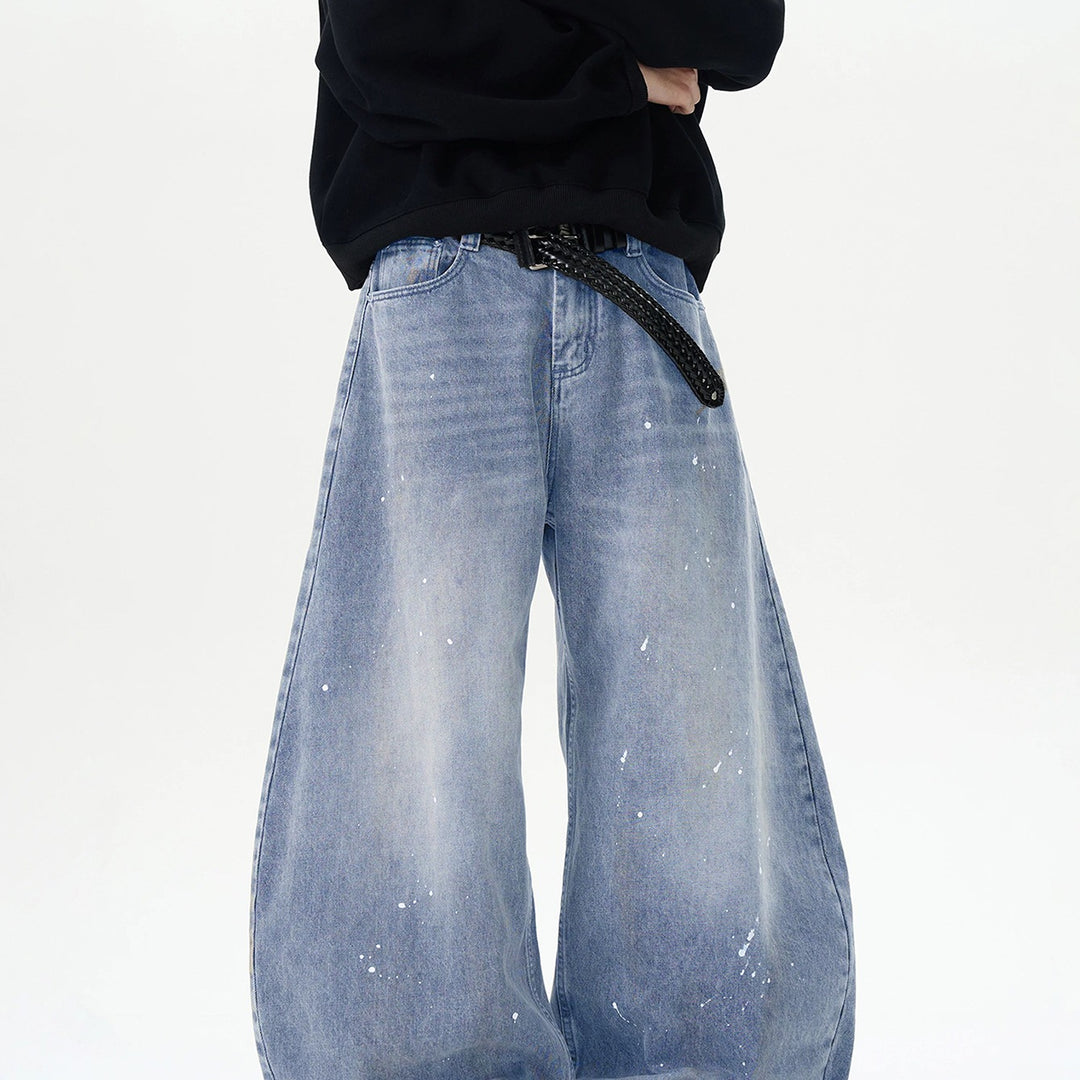Men's Extra Wide Paint Effect Baggy Jeans with Low Crotch and Used Wash Mune Fashion