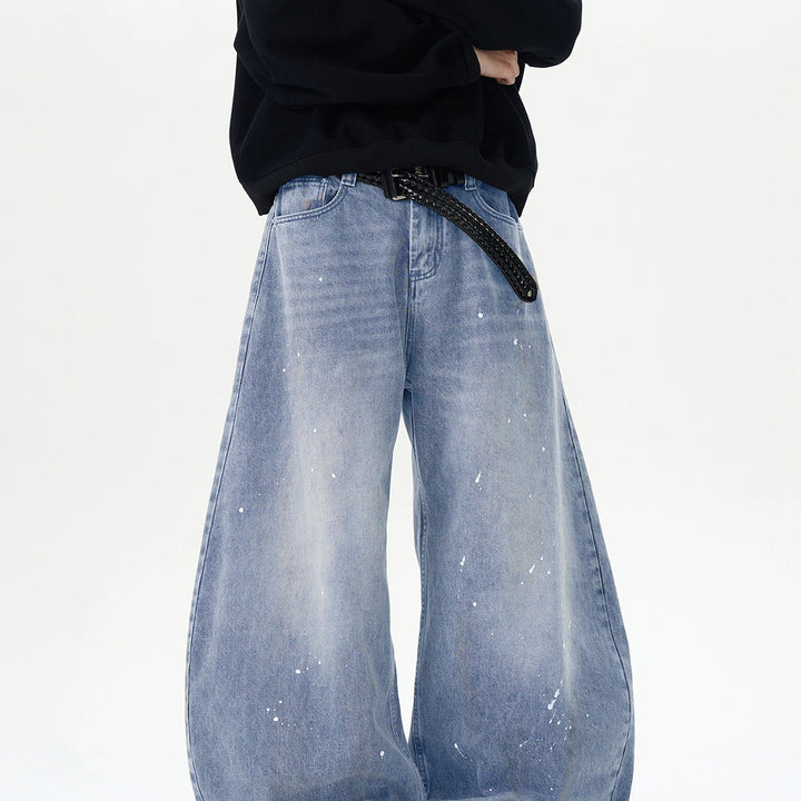 Men's Extra Wide Paint Effect Baggy Jeans with Low Crotch and Used Wash Mune Fashion