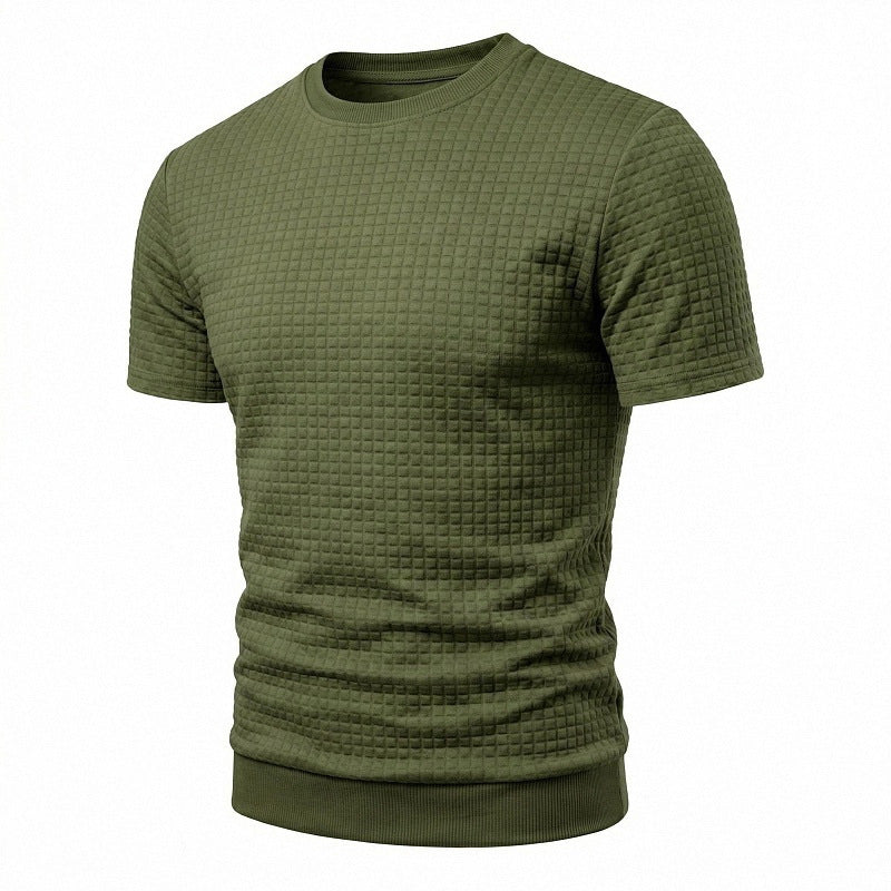 Men's short-sleeved knit shirt with embossed check structure, round neckline, and ribbed hem Mune Fashion