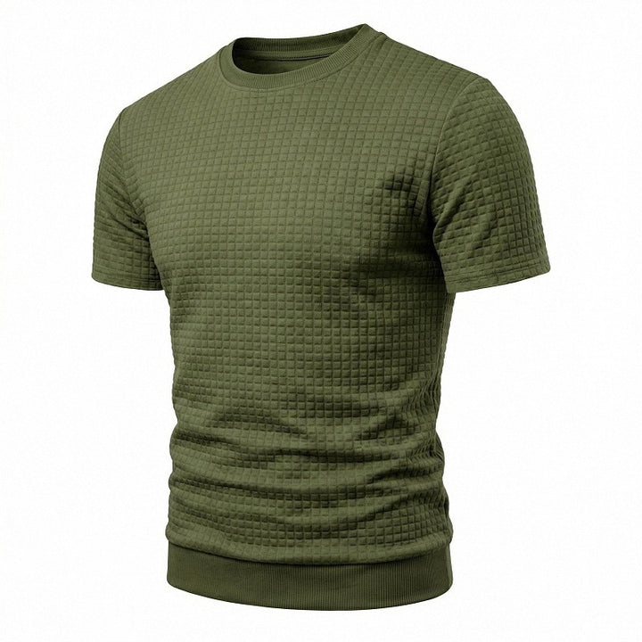 Men's short-sleeved knit shirt with embossed check structure, round neckline, and ribbed hem Mune Fashion