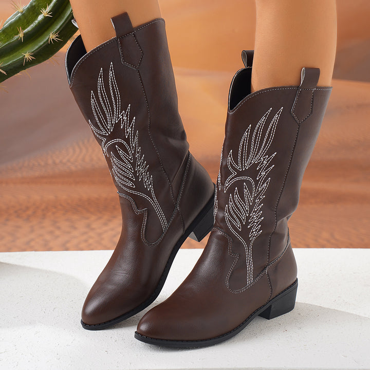 Women's Cowgirl Knee-High Boots with Decorative Embroidery, Pull-Tabs and Comfortable Block Heel Mune Fashion