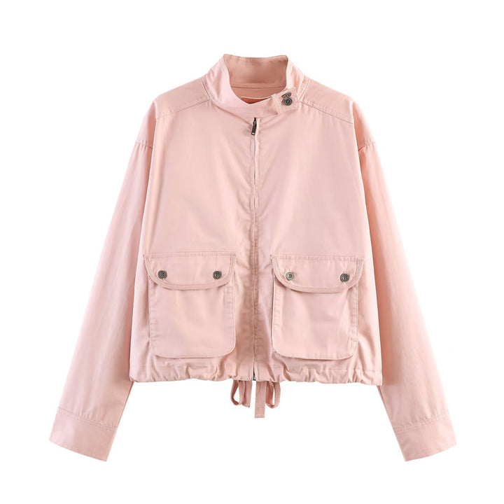 Women Short Jacket in Safari Style with Stand-up Collar, Kangaroo Pockets and Drawstring Mune Fashion
