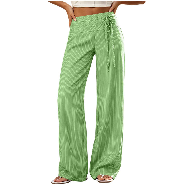 Women Wide High-Waist Palazzo Pants with Striped Pattern and Tie Belt Mune Fashion