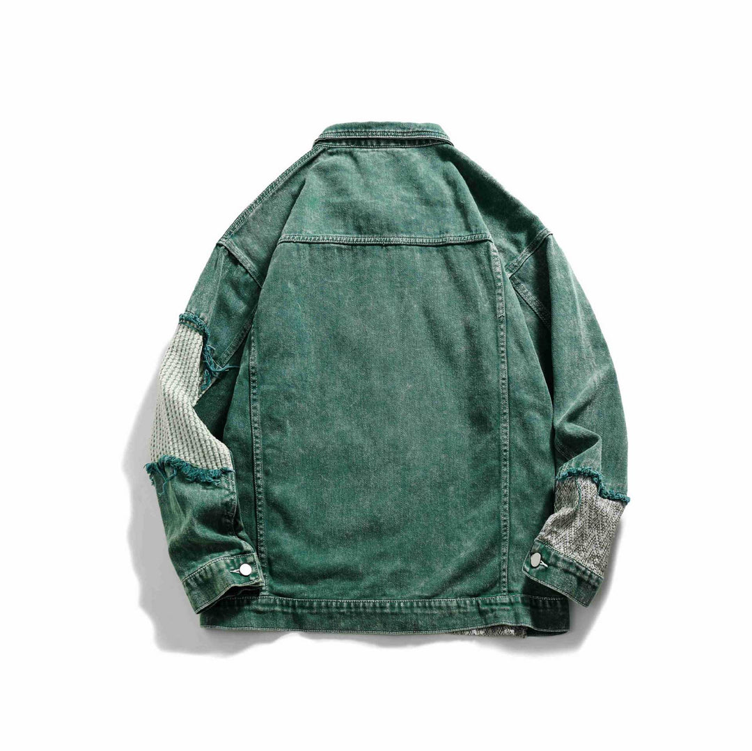 Unisex Patchwork Denim Jacket with Knitted Inserts and Frayed Edges Mune Fashion