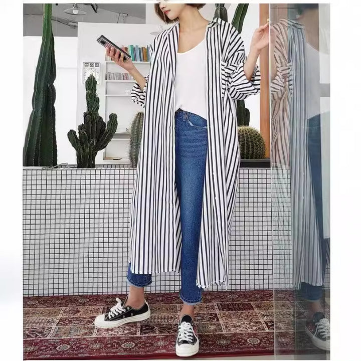 Women’s Long Striped Shirt Midi Dress with Stand Collar, Oversized Fit and Deep Side Slits Mune Fashion
