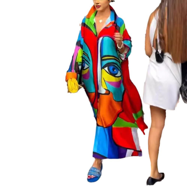 Women's oversized shirt kaftan with abstract portrait print and shirt collar Mune Fashion