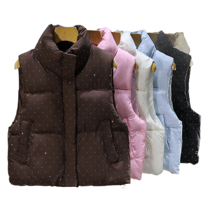 Women's Padded Quilted Vest with High Collar and Discreet Rhinestone Applications Mune Fashion
