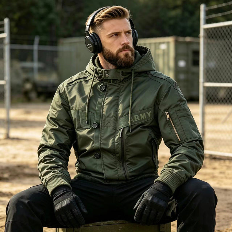 Men's Military-Inspired Hooded Bomber Jacket with Utility Pockets Mune Fashion