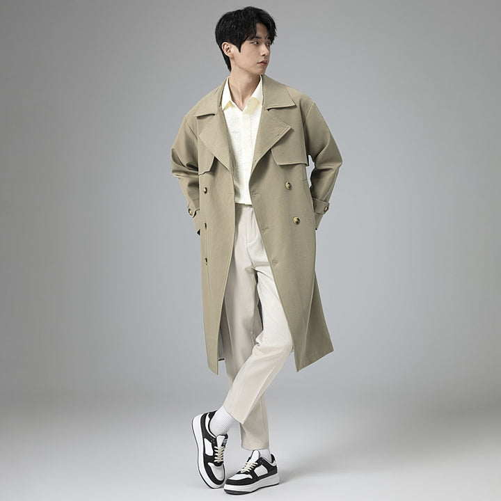 Men's Oversized Double-breasted Wool Blend Trench Coat with Shawl Collar and Contrast Flap Mune Fashion