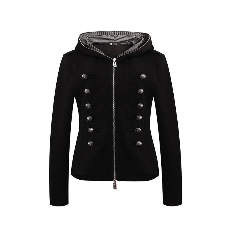 Women's fitted hooded sweat jacket with decorative double row and metal buttons Mune Fashion