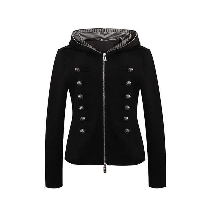 Women's fitted hooded sweat jacket with decorative double row and metal buttons Mune Fashion