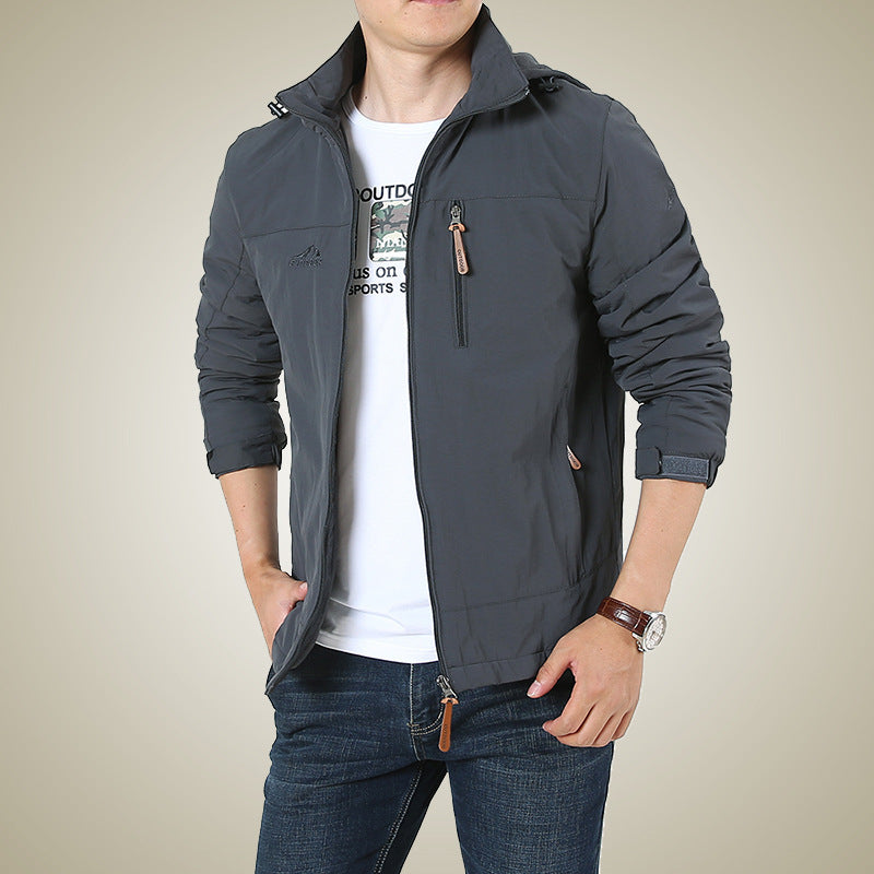 Men's Breathable Softshell Windbreaker Jacket with Concealed Hood and Utility Chest Pocket Mune Fashion