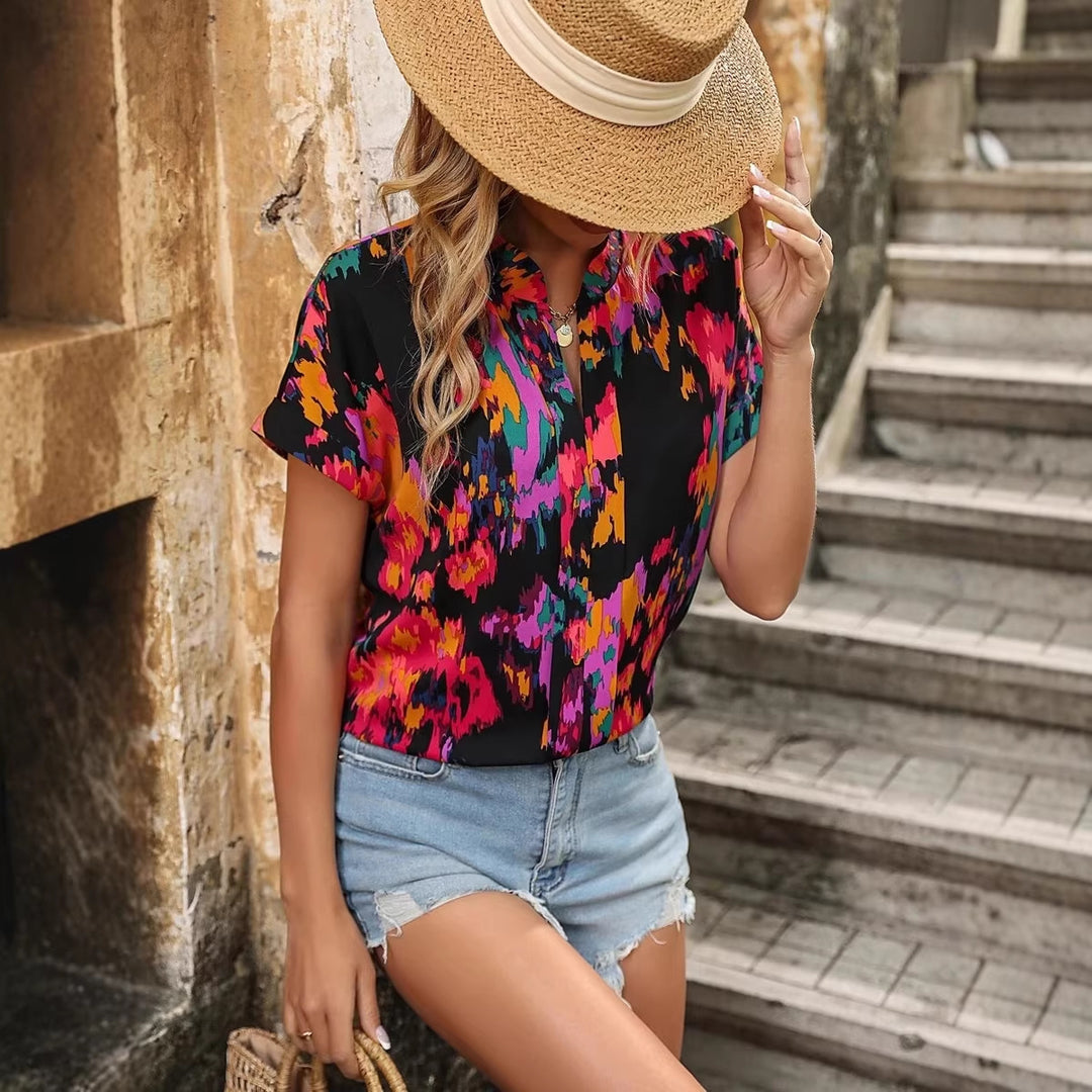 Ladies Lightweight Oversized Tunic Blouse with Stand-up Collar, Cap Sleeves and Large Floral Print Mune Fashion
