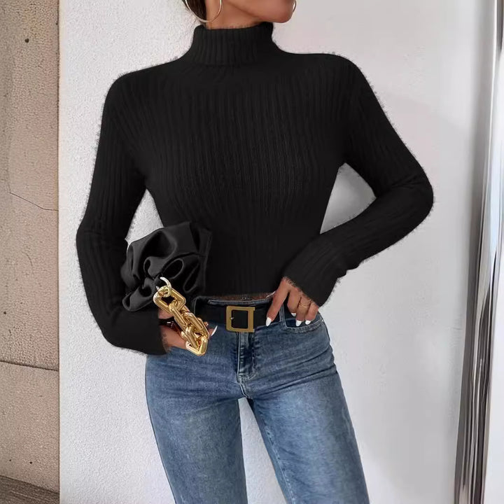 Women's Short Ribbed Turtleneck Sweater with Fluffy Mohair Look Mune Fashion