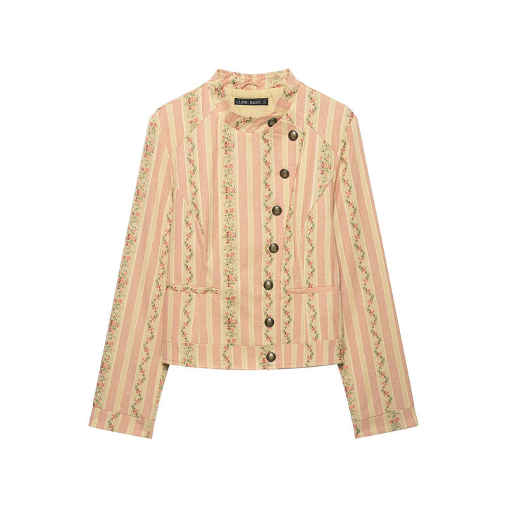 Women's short blouson jacket in vintage stripe pattern with asymmetrical button placket Drune