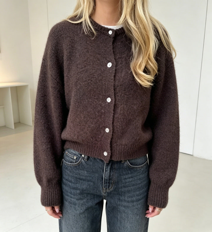 Women's Cozy Mohair-Look Cardigan with Round Neck and Balloon Sleeves Mune Fashion