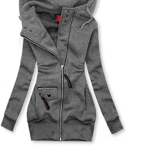 Women's Long Hooded Jacket with Asymmetrical Zipper and Zip Pocket Mune Fashion