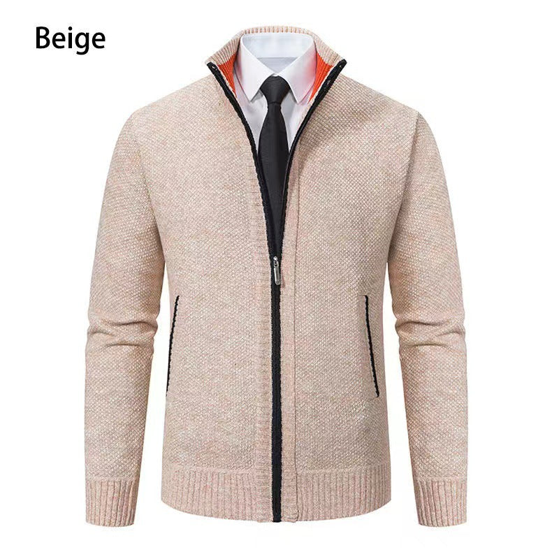 Men's melange knit zip jacket with high stand-up collar, fine texture and concealed side pockets Mune Fashion