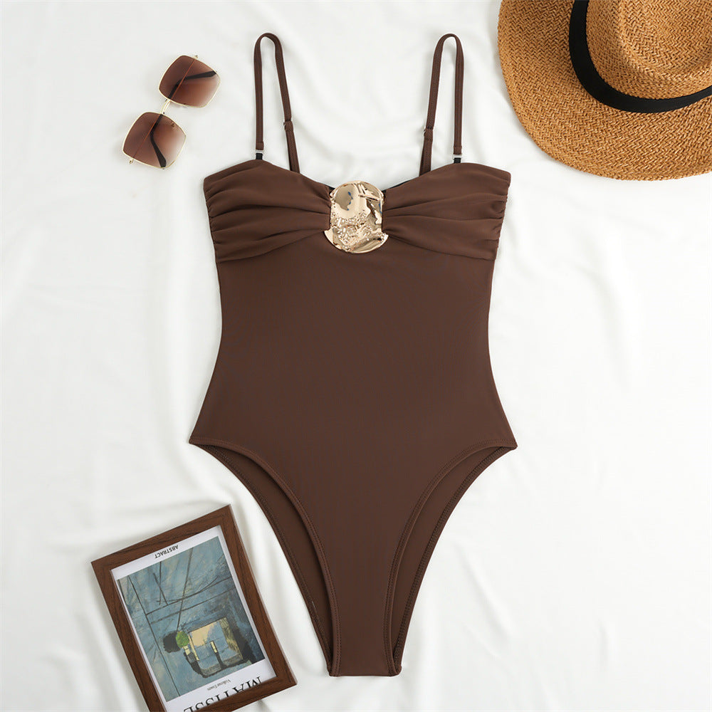 Women's One-Piece Swimsuit with Decorative Buckle and Feminine Ruffle Design Mune Fashion