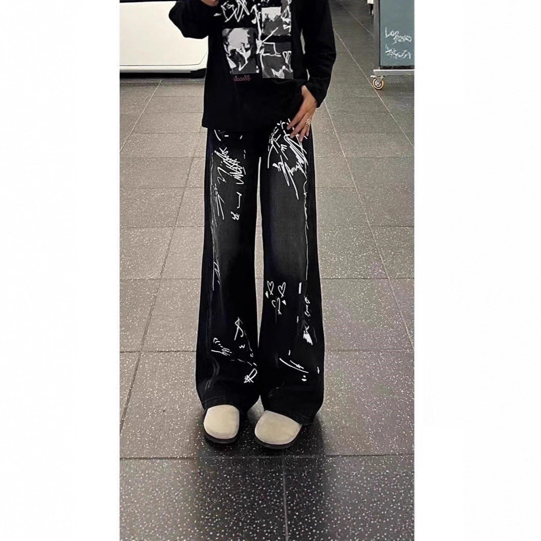 Women's Wide-Cut Jeans with Artistic Graphic Print Mune Fashion