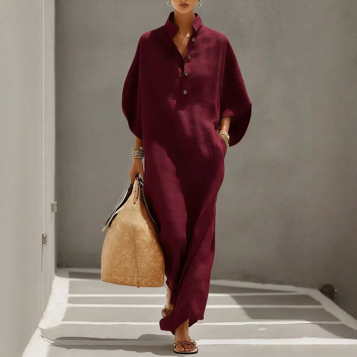 Women’s Loose Kaftan Midi Dress with Stand-up Collar and 3-Button Placket Mune Fashion