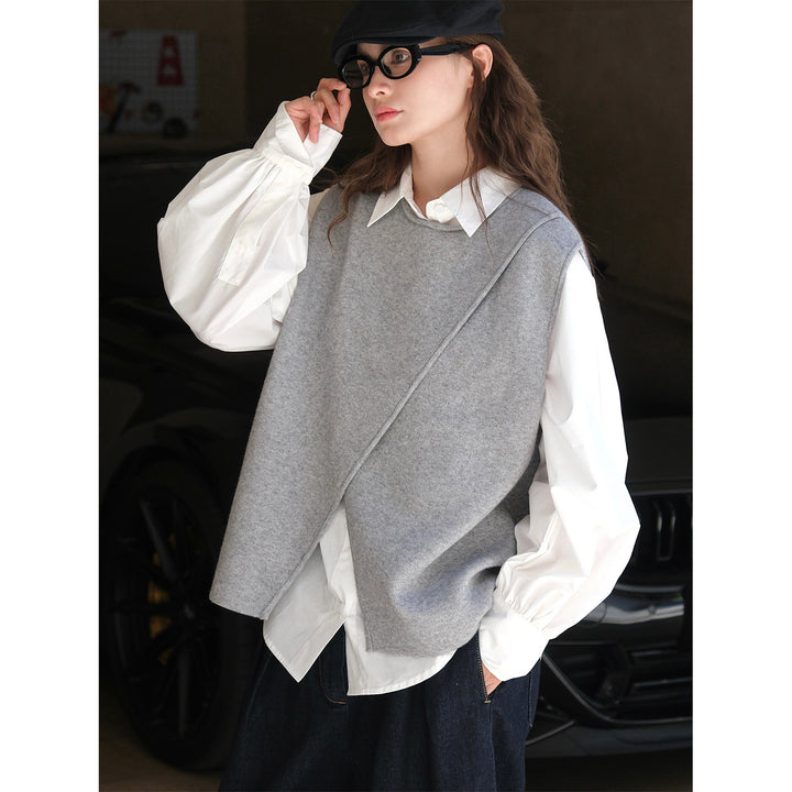 Women's Asymmetrical Knit Vest with Draped Front and Round Neck