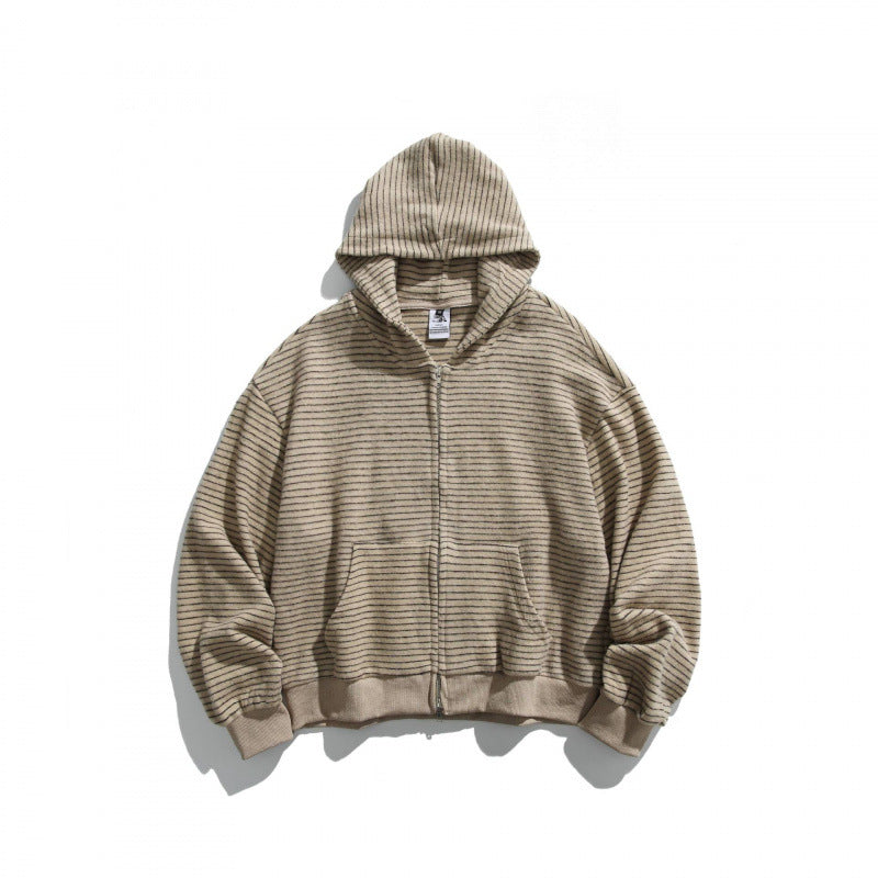 Unisex Boxy Hoodie Sweat Jacket with continuous zipper, striped texture and ribbed hem Mune Fashion