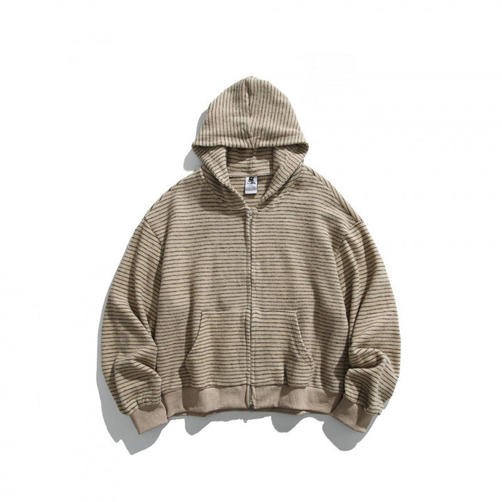 Unisex Boxy Hoodie Sweat Jacket with continuous zipper, striped texture and ribbed hem Mune Fashion