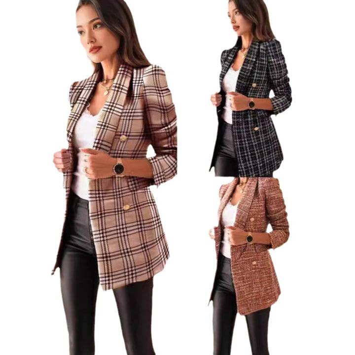 Women tailored checkered long blazer with double-breasted and shoulder pads Mune Fashion