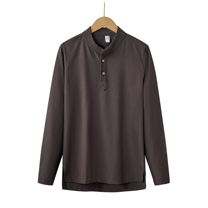 Men's long-sleeved Henley shirt with stand-up collar and concealed button placket made of cotton blend Mune Fashion