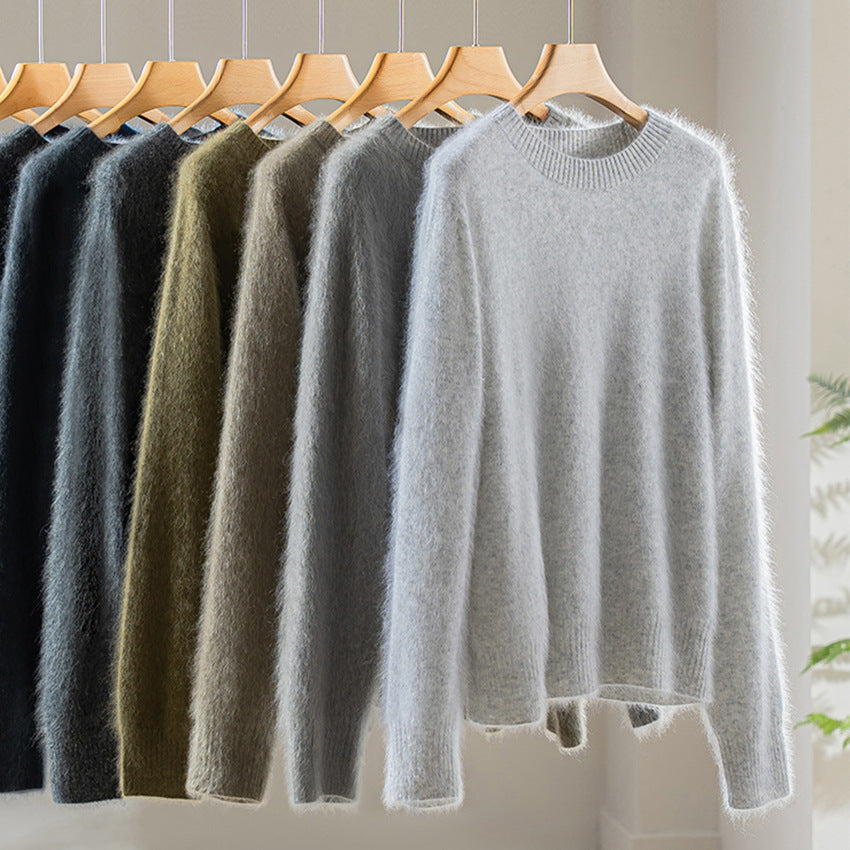 Women's Fluffy Angora Blend Round Neck Sweater Mune Fashion