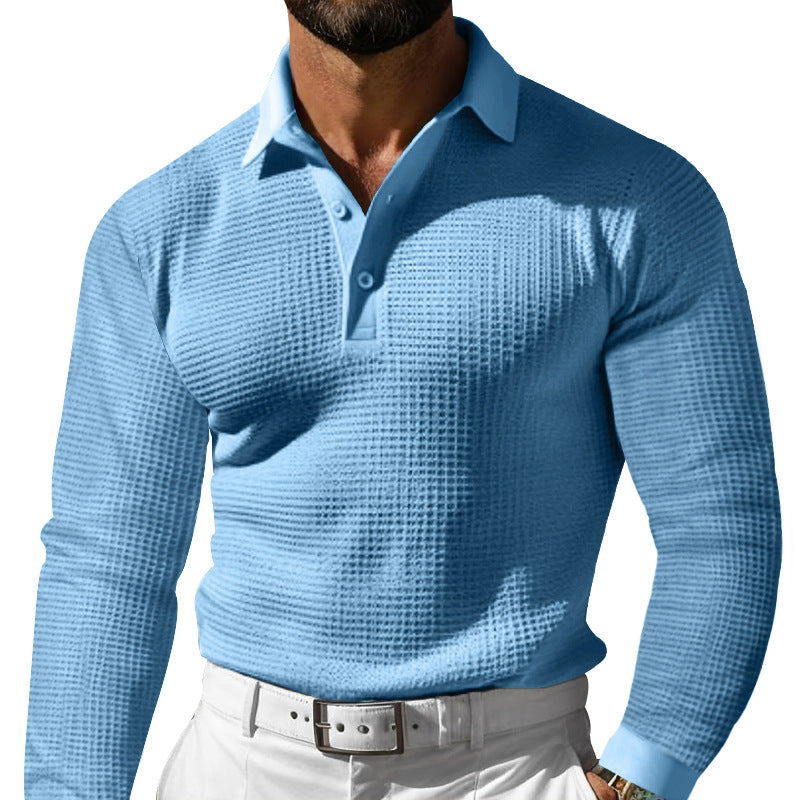 Men's Waffle Structure Polo Shirt with Long Sleeves, Slim Fit and Kent Collar Mune Fashion
