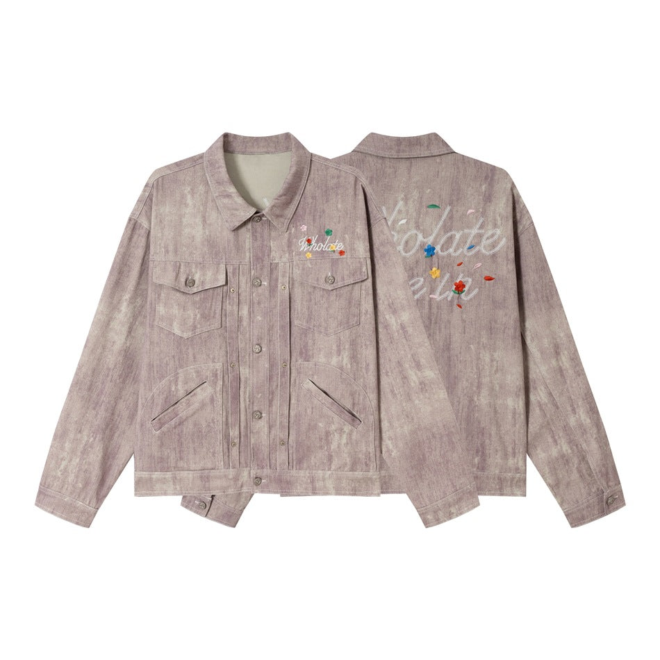Unisex Boxy Denim Jacket with Acid Wash Effect, Flap Pockets and Floral Chest Embroidery Mune Fashion