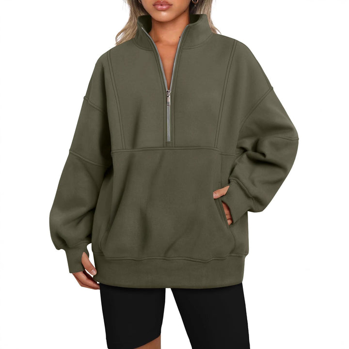 Women's Oversized Sweatshirt with Half Zipper, Stand-Up Collar and Kangaroo Pocket Mune Fashion