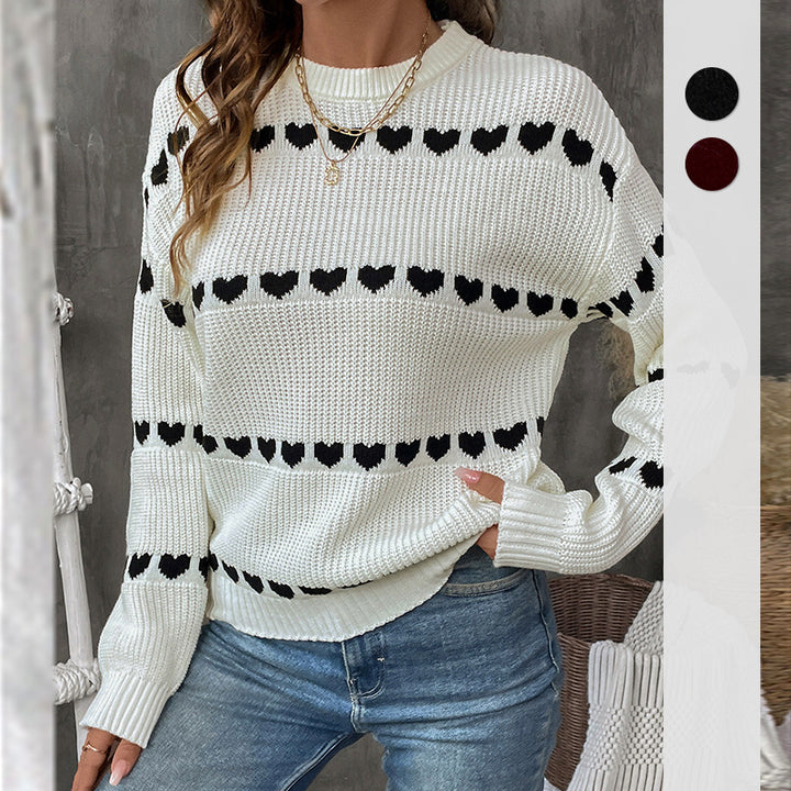 Women's knitted sweater with heart jacquard, oversized round neck & ribbed cuffs Mune Fashion