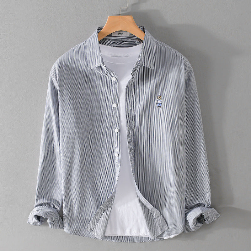 Men's Striped Cotton Shirt with Fine Embroidery and Relaxed Fit Mune Fashion