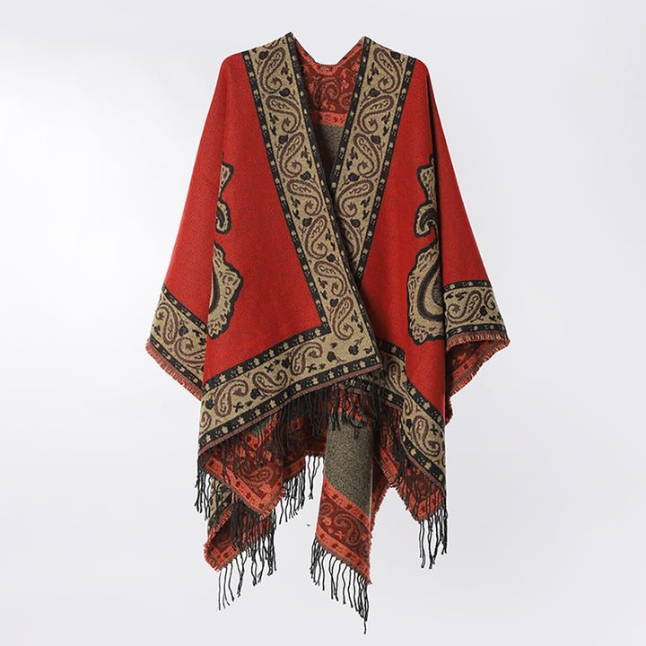 Women Soft Paisley-Jacquard Ruana Wrap with V-Neck and Fringes Mune Fashion