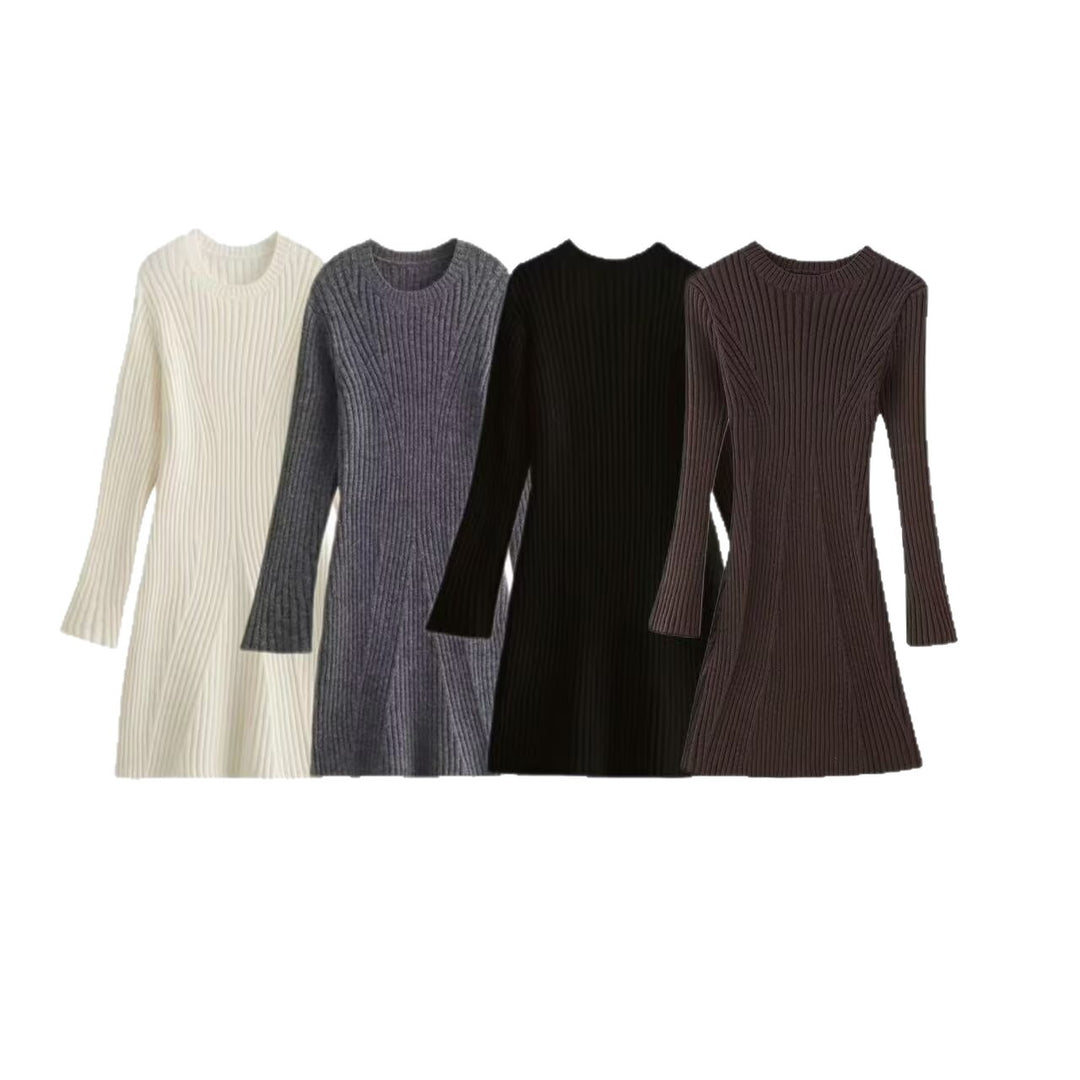 Women's Ribbed Knit Dress with Flared A-Line and Wide Cuffs Mune Fashion