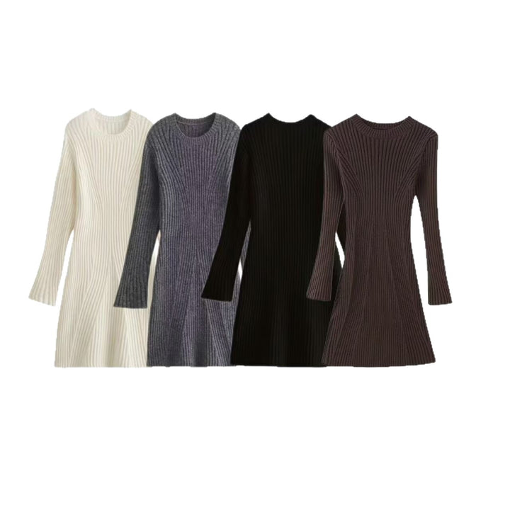 Women's Ribbed Knit Dress with Flared A-Line and Wide Cuffs Mune Fashion